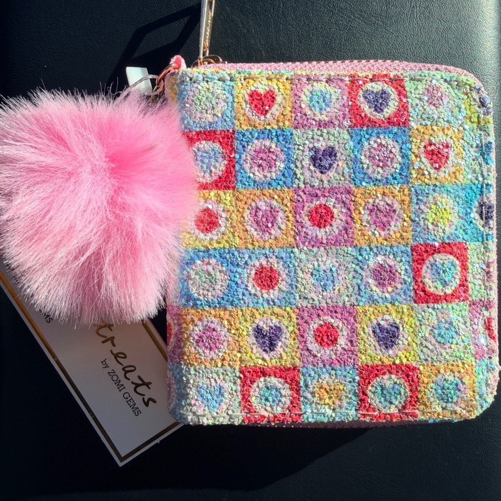 Colorful Kids Heart Wallet with Pink Pom